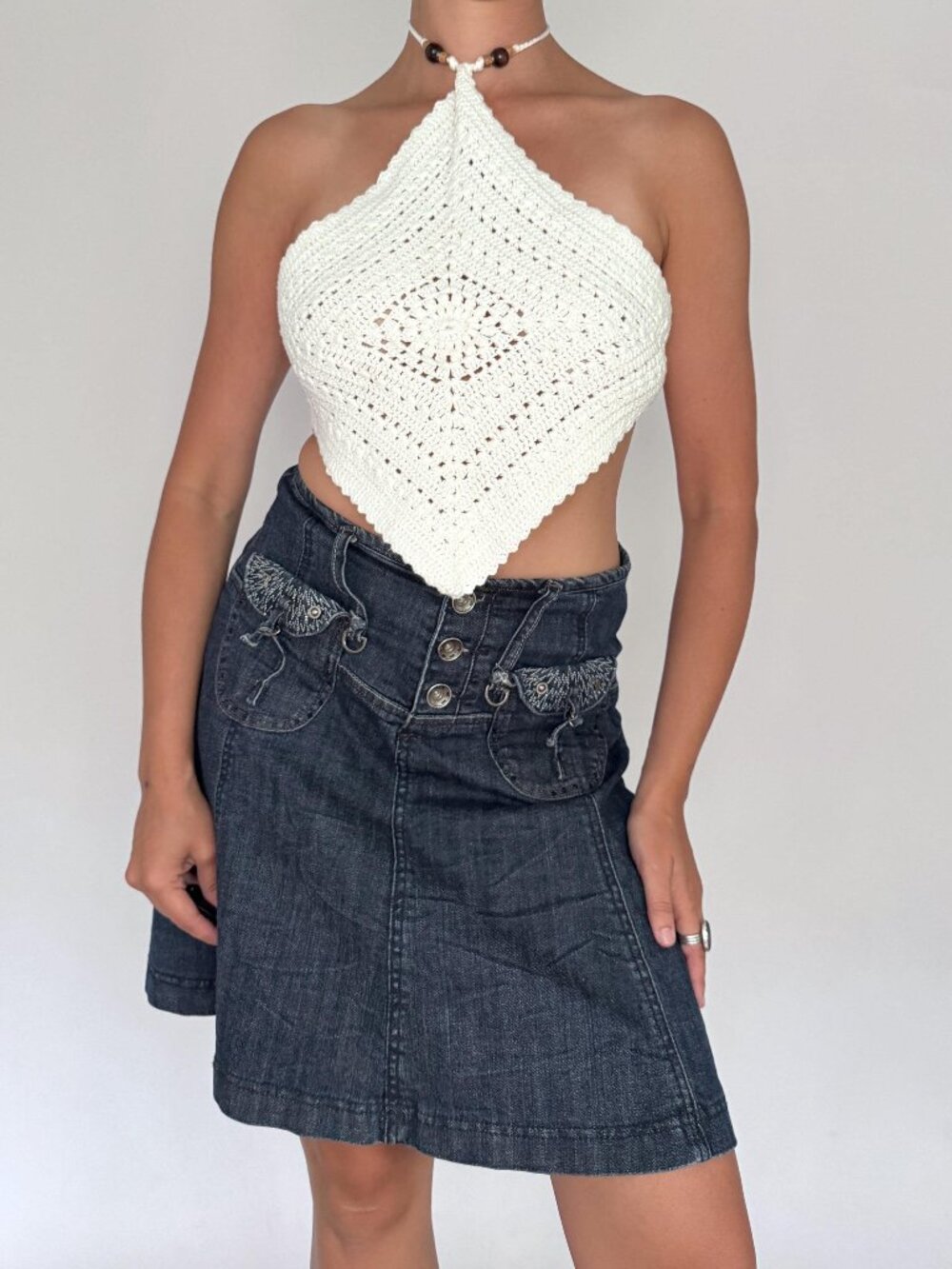 Cream white crochet boho hippy beaded tassels cropped backless square halter top